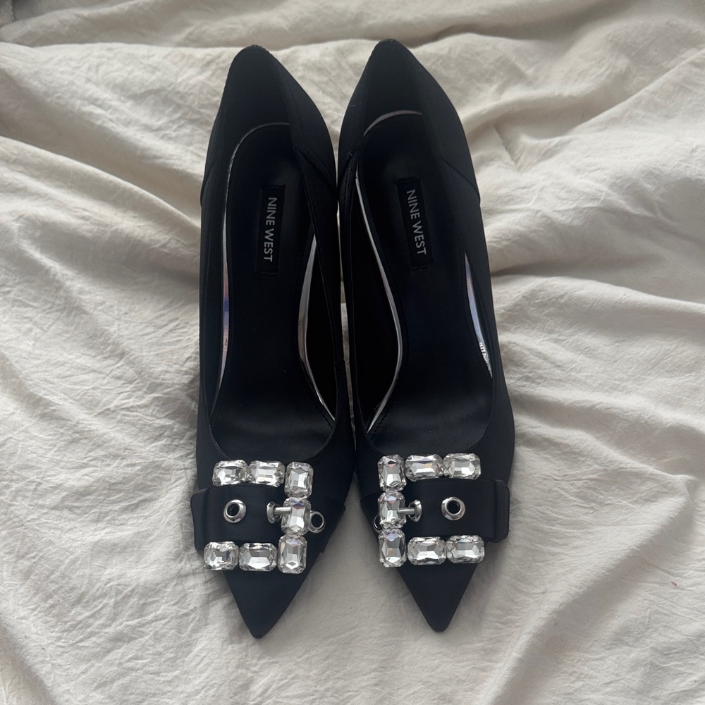Nine West Black Heels with Crystal Buckle